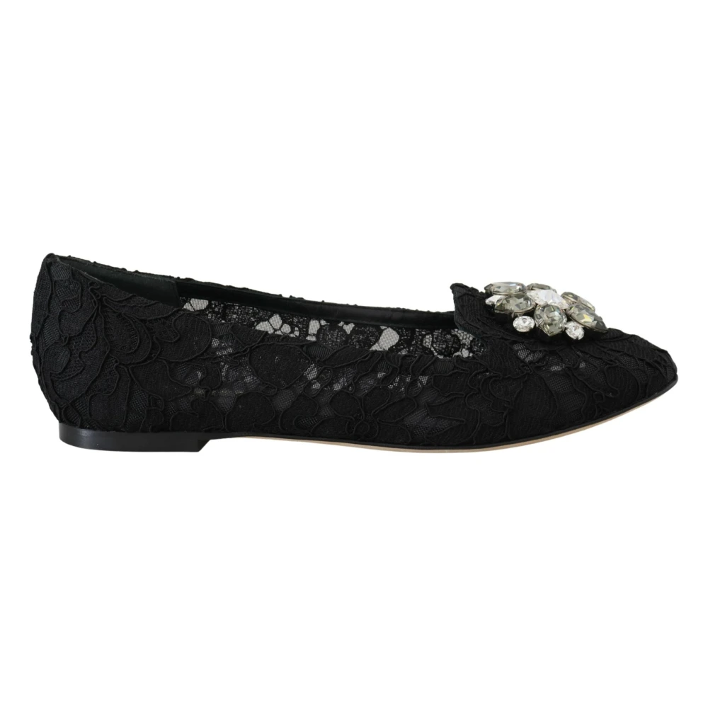 Dolce & Gabbana Women's Black Ballerina Shoes, 2 Uk, Elegant Flat Vally Shoes With Floral Lace
