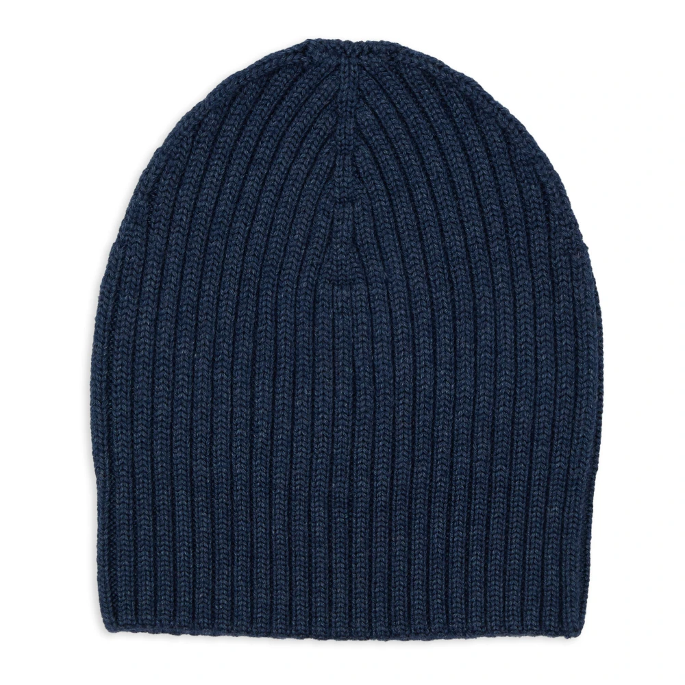Gallo Blauwe Geribbelde Beanie van Wol Zijde Kasjmier Blue Unisex