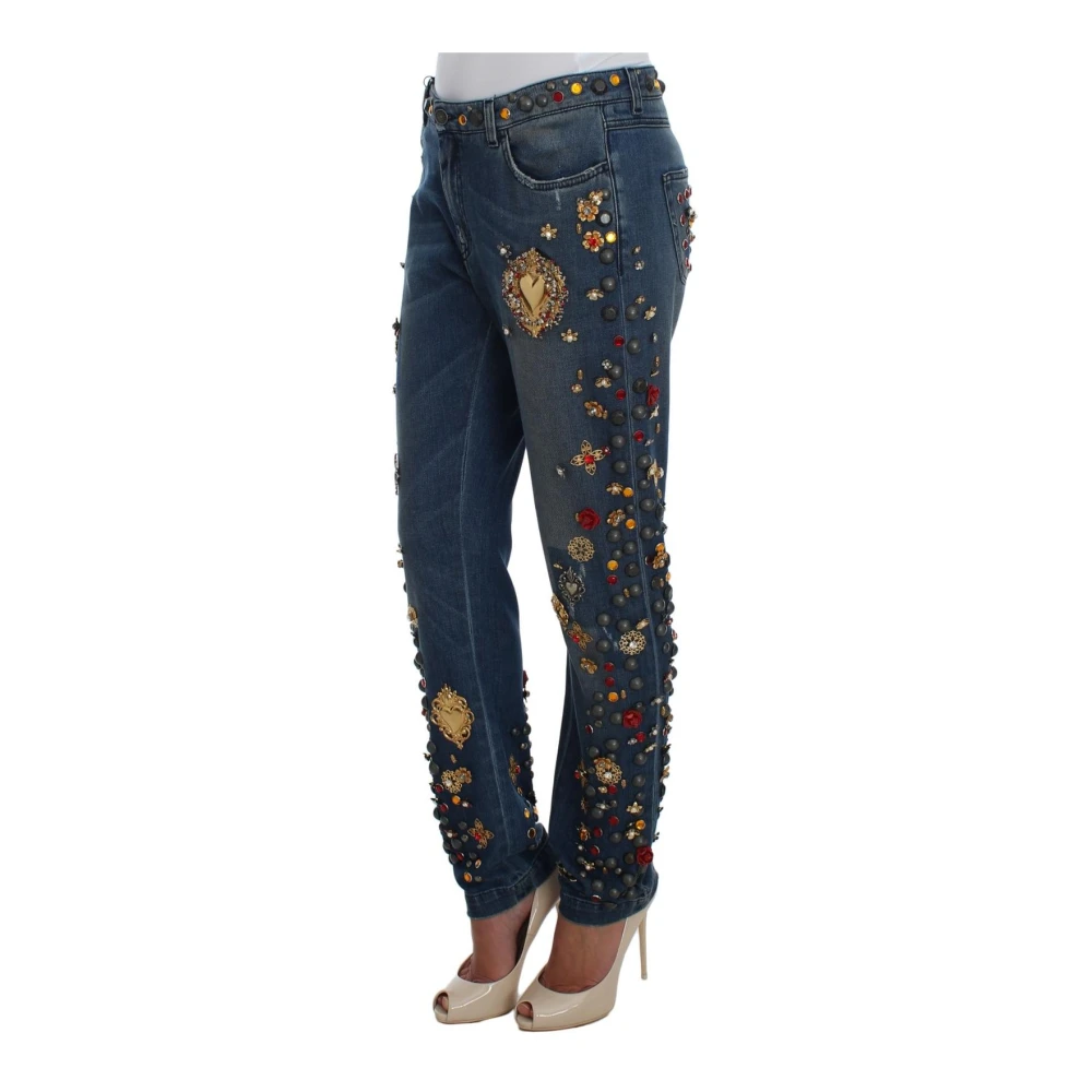 Dolce & Gabbana Vrouw Blauw Jeans Dames, S, Katoen, Kristal Hart Rozen Versierde Boyfriend Jeans