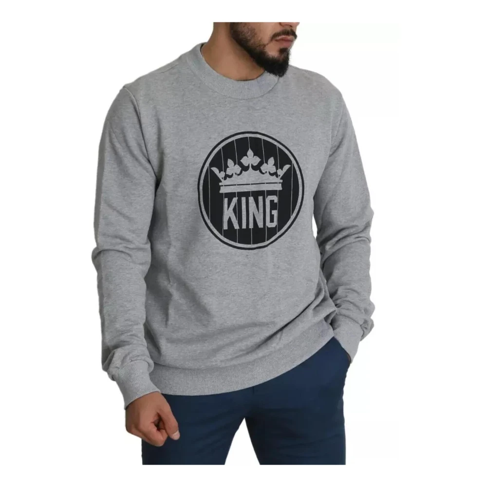 Dolce & Gabbana Kroon Koning Print Katoen Pullover Sweater Gray Heren