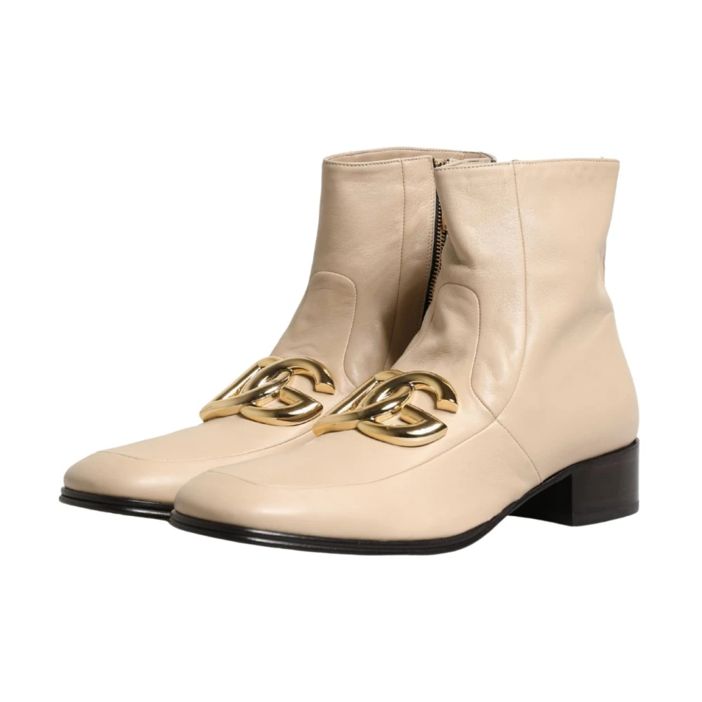 Dolce & Gabbana Men's Beige Leather Logo Plaque Ankle Boots