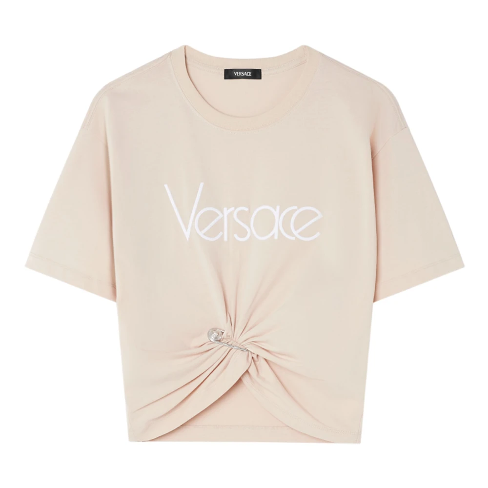 Versace Rosa Cropped T-shirt med Logo Print Pink, Dam