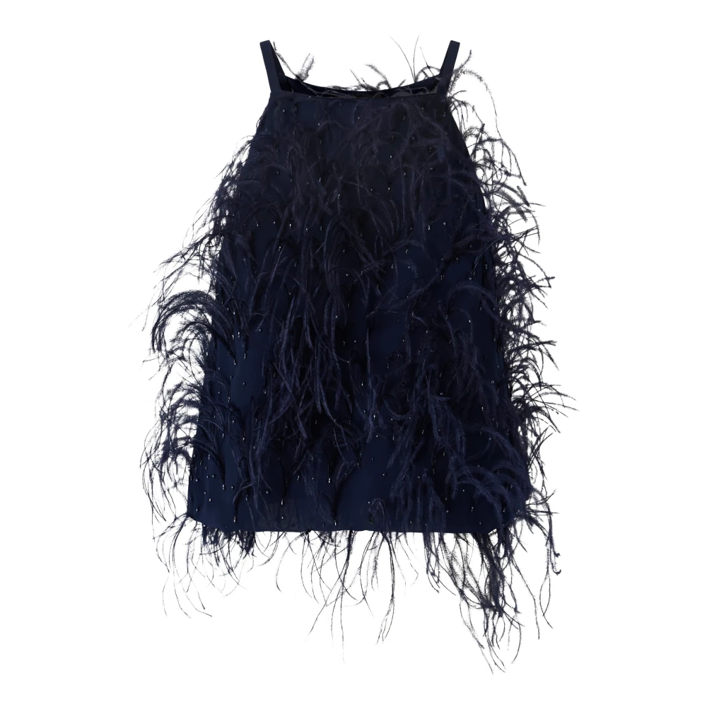 Pinko , Sleeveless Tops, Female, Blue, S, Sleeveless Georgette Top With Feathers And Beads