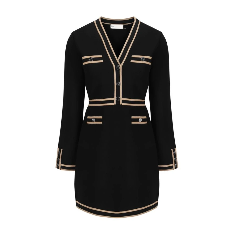 TORY BURCH Jurk met Contrasterende Welt Zakken en V-hals Black Dames