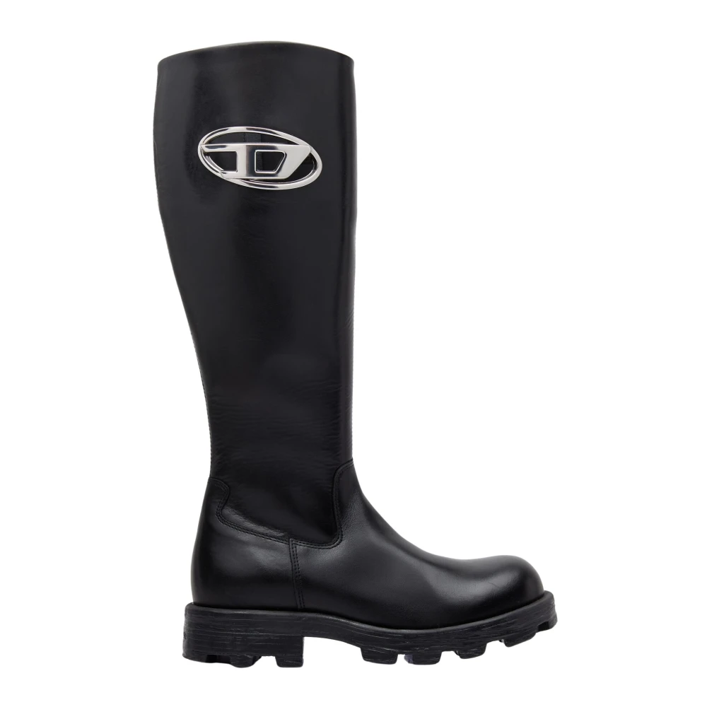 Diesel Vrouw Zwart Schoenen Dames, 37 Eu, Leer, Glanzende Leren Laarzen Met Logo-Embleem