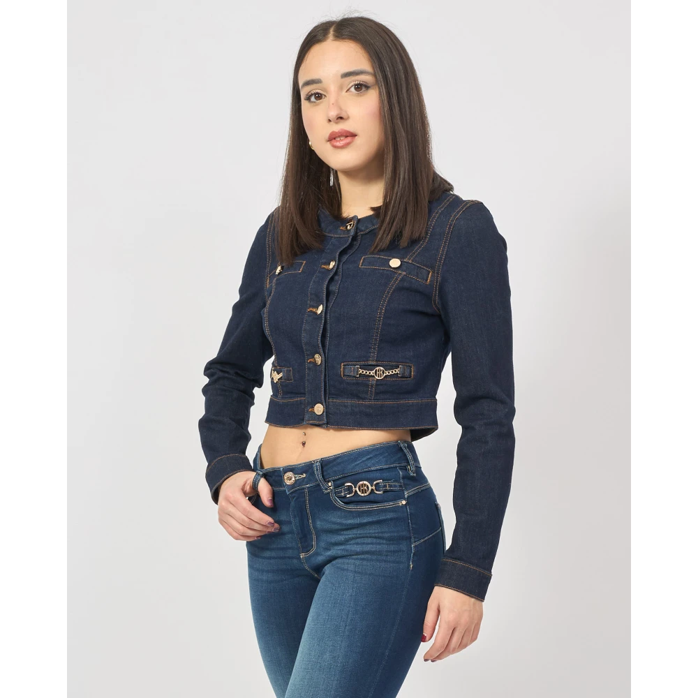 Fracomina Blauwe Cropped Denim Jack met Donkere Wassing Blue Dames