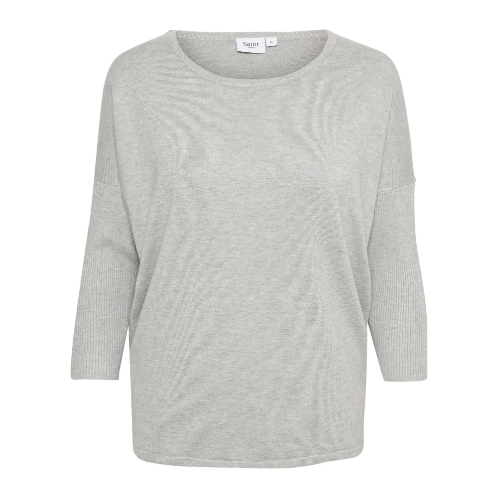 Saint Tropez Pearl Grey Mel R-Neck Pullover Trui Gray Dames