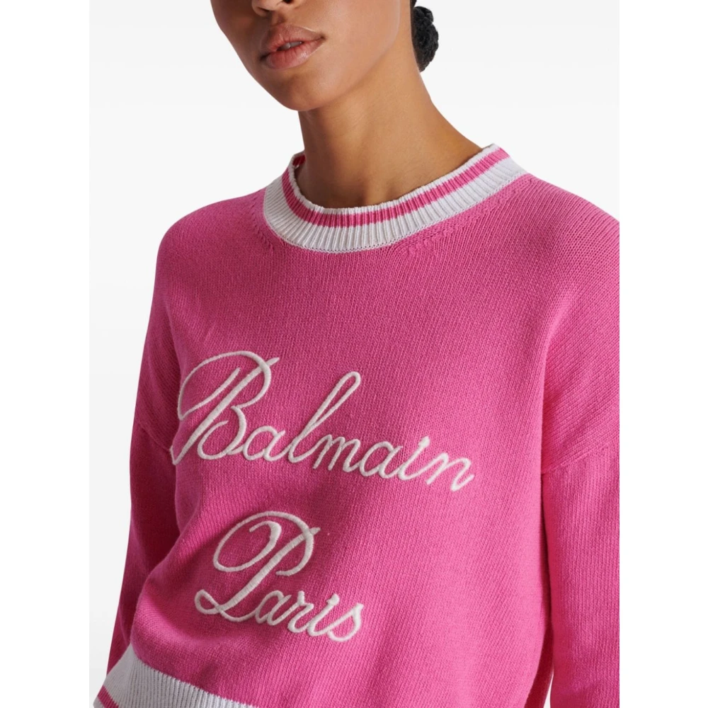 Balmain Roze Gebreide Logo Trui Pink Dames