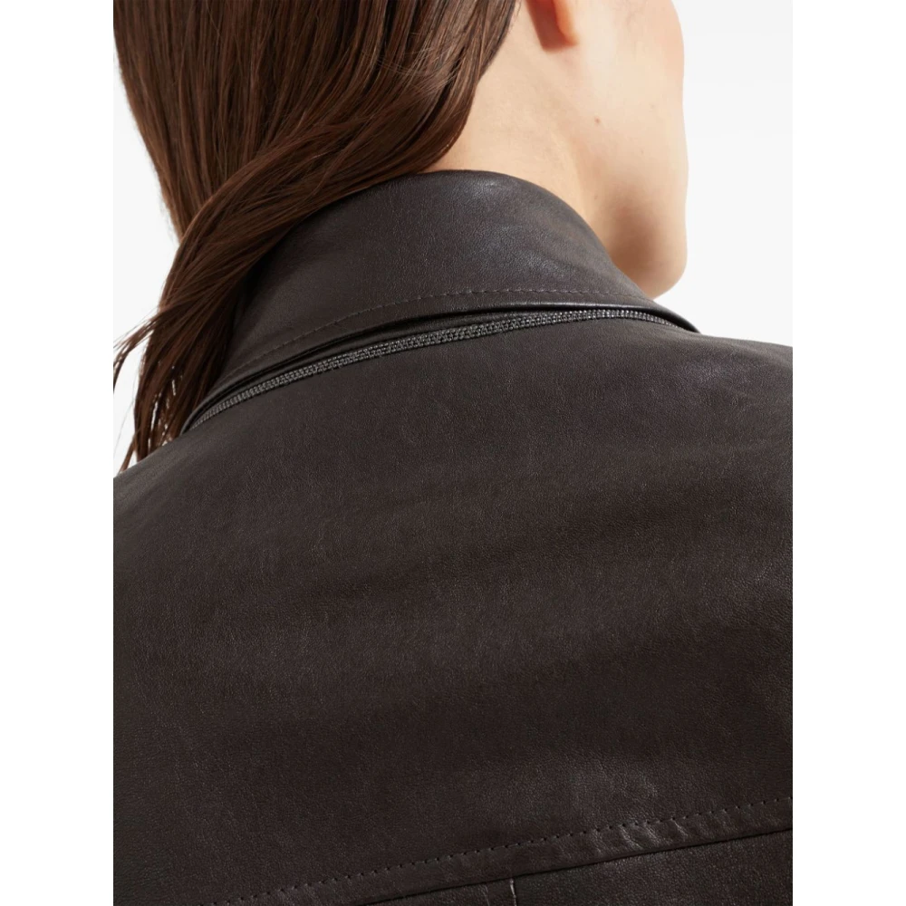 BRUNELLO CUCINELLI Donkerbruine Dubbelborst Leren Jas Brown Dames