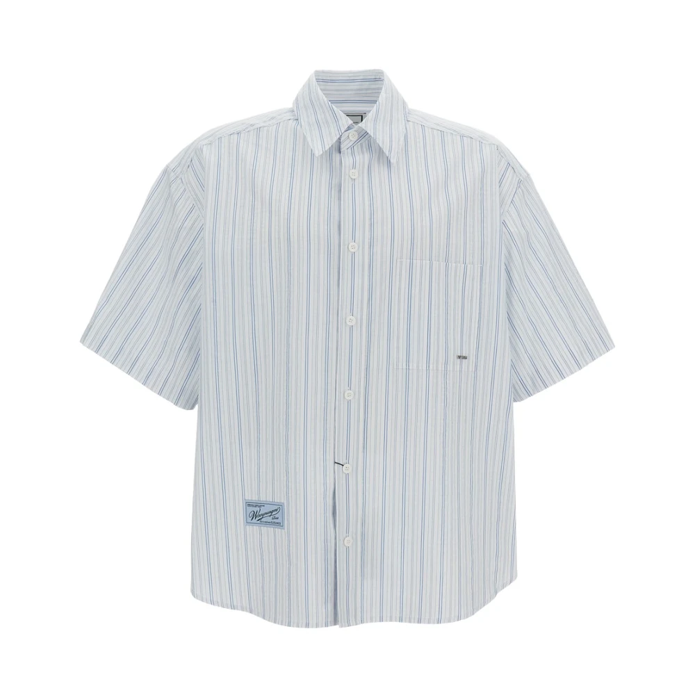 Wooyoungmi Men's Blue Short Sleeve Shirts, S, Striped Cotton-Blend Shirt