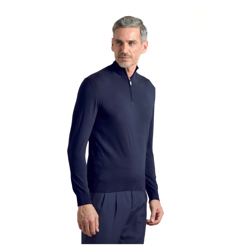 Colombo Blauwe Wol Half-Zip Sweater Blue Heren