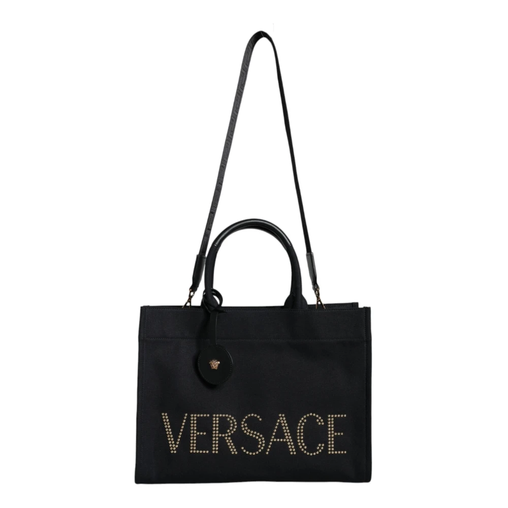 Versace Women's Black Top Handle Canvas Leather Logo Crossbody Tote Bag