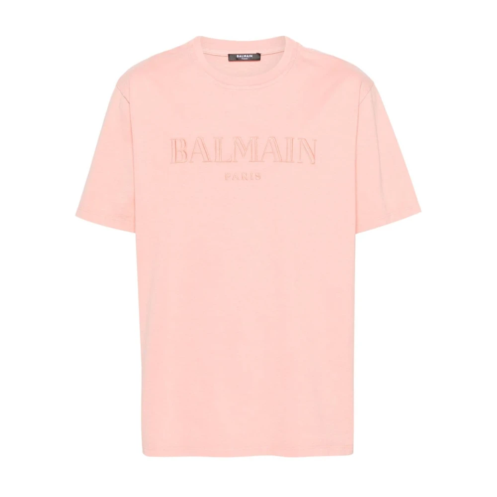 Balmain Zalmroze Logo Geborduurde Jersey Tee Pink Heren