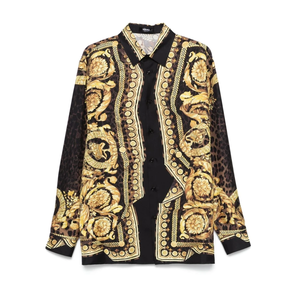 Versace Barocco Print Zijden Satijnen Overhemd Yellow Heren