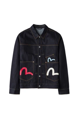 Seagull Print Multi-Pocket Relax Fit Denim Jacket