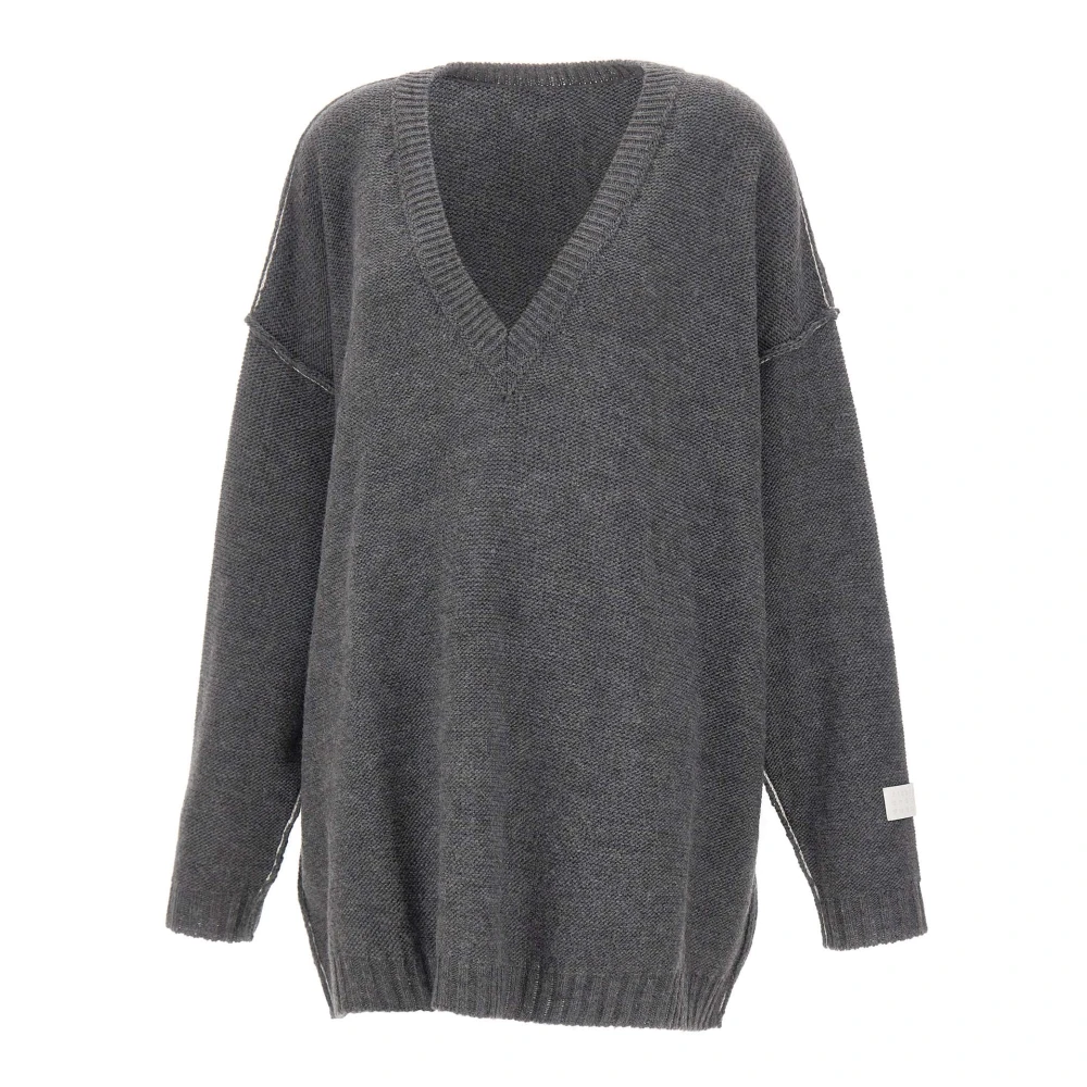 Mm6 Maison Margiela Women's Gray V-Neck Knitwear, S, V-Neck Jumper