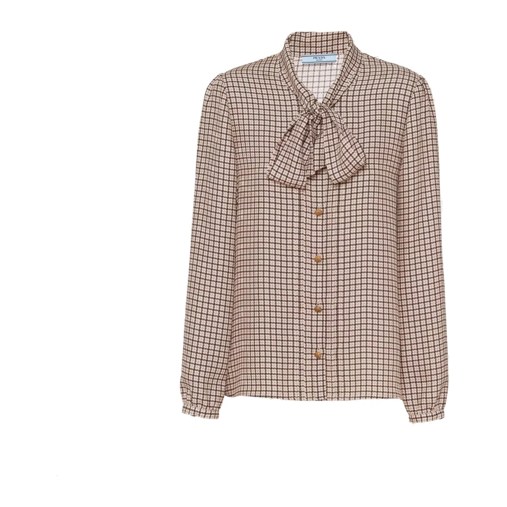 Prada Zijden Pied De Poule Overhemd met Strik Kraag Brown Dames