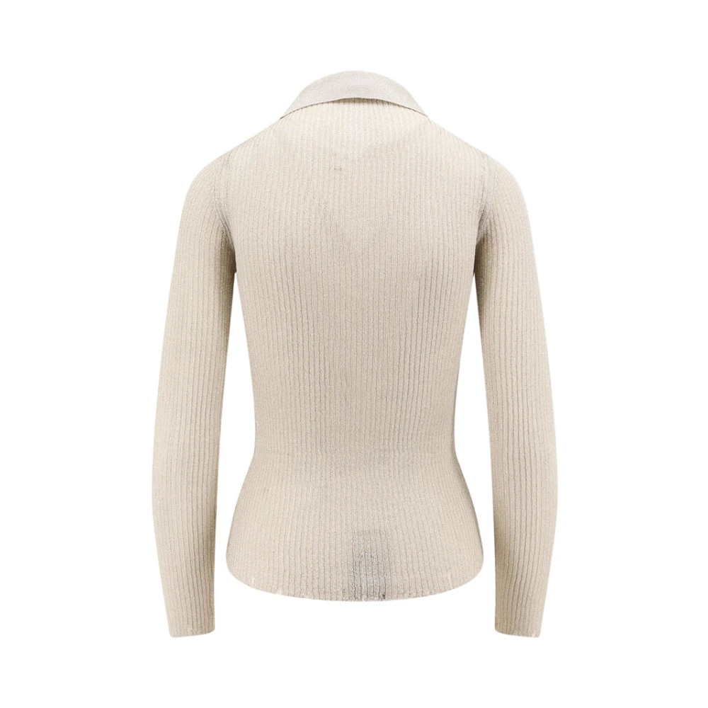 pinko Geribbelde Lurex Polo Shirt Beige Dames