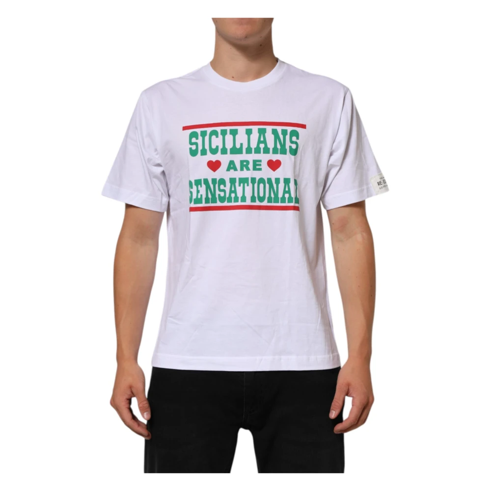 Dolce & Gabbana Men's White T-Shirts, M, Graphic Print Cotton Crew Neck T-Shirt