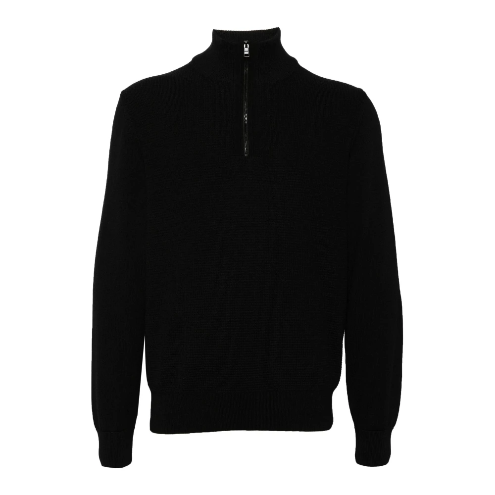 Boss Zwarte Wol Halve Rits Trui Black Heren