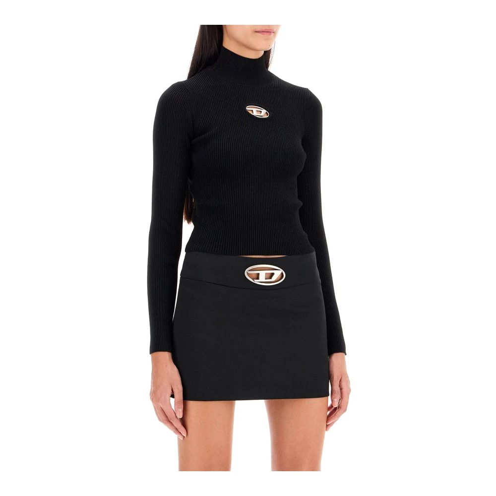 Diesel Geribbeld T-shirt met Lange Mouwen en Oval-D Uitsnede Black Dames