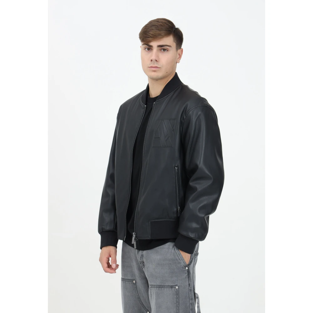 Armani Exchange Modern Zwarte Lederen Jack Black Heren