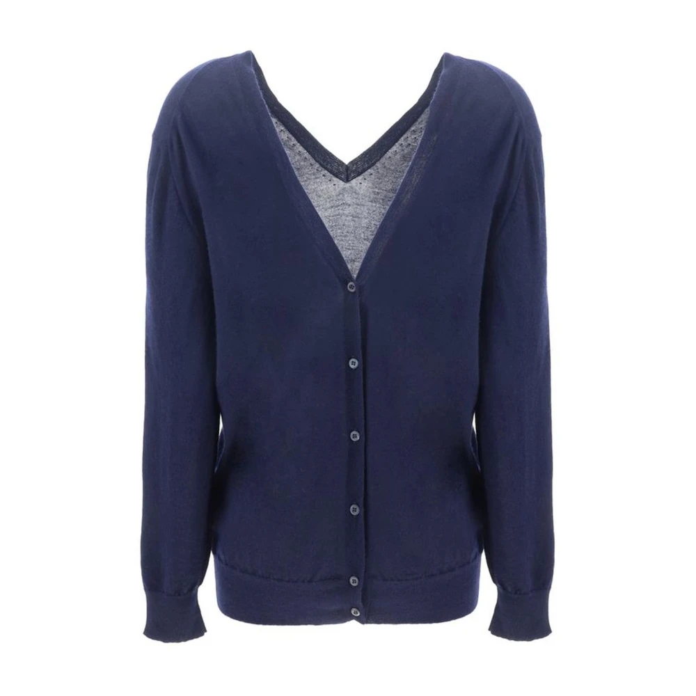 Prada Kasjmier V-hals Vest met Ribboord Blue Dames