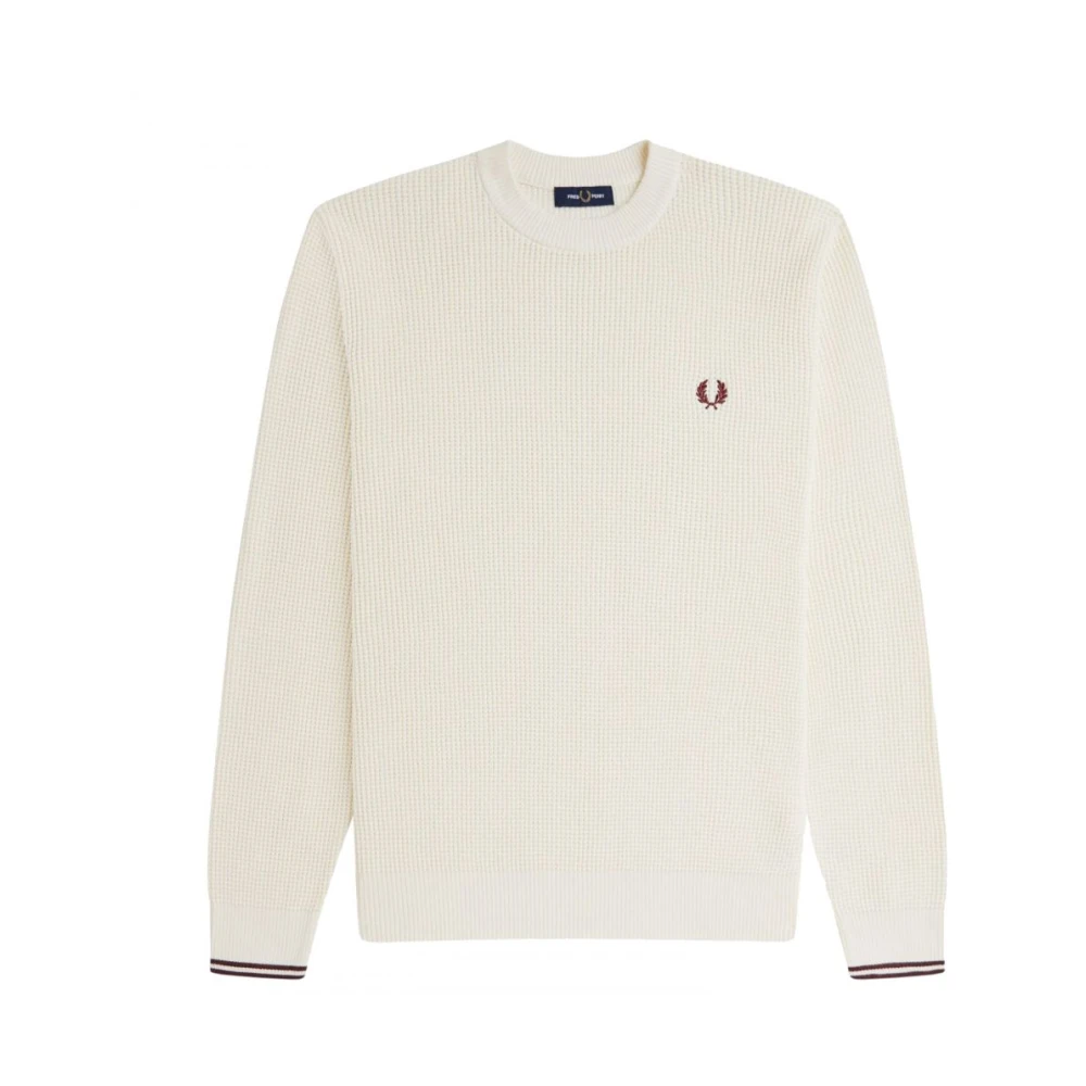 Fred Perry Men's White Round-Neck Knitwear, S, Waffle Stitch Jumper