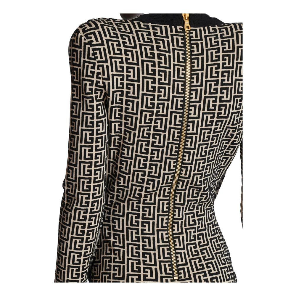 Balmain Draped V-Hals Monogram Gebreide Korte Jurk Black Dames