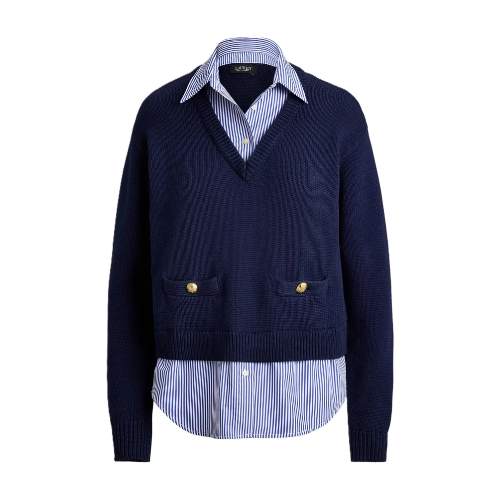 Ralph Lauren Women's Blue V-Neck Knitwear, Xs, Combed Cotton Jumper-Pullover