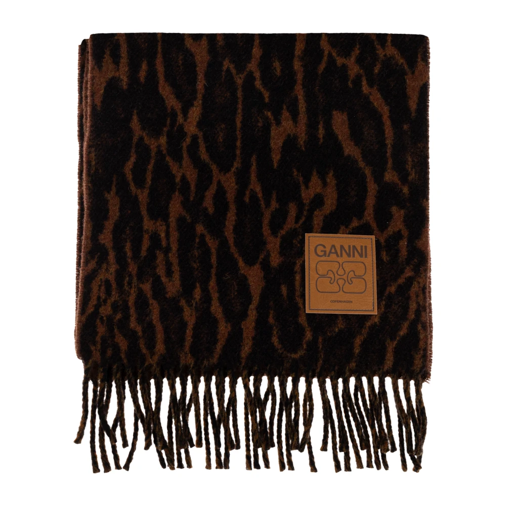 Ganni , Winter Scarves, Female, Brown, One Size, Wool Scarf With Animal Motif