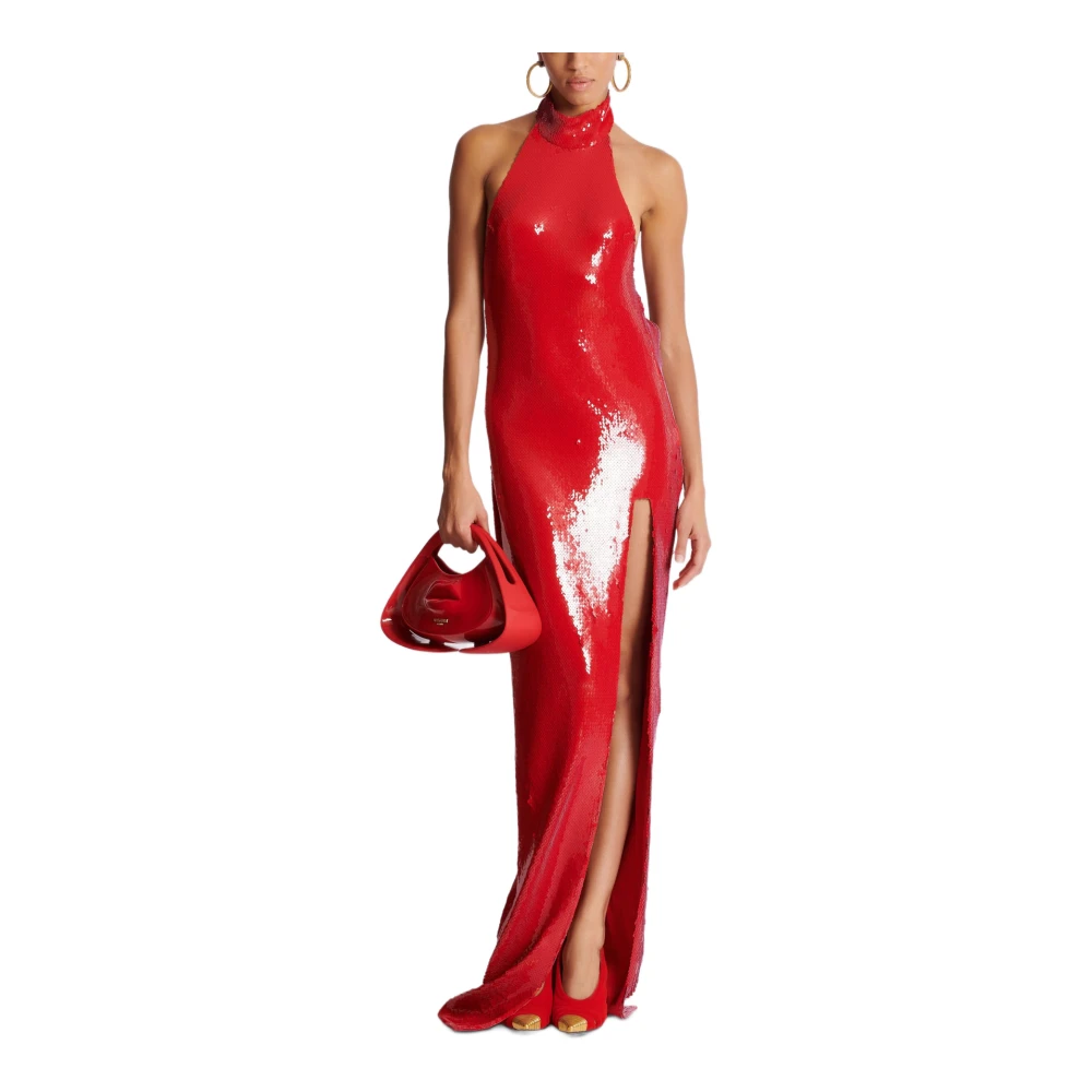 Balmain Lange pailletten halternek jurk Red Dames