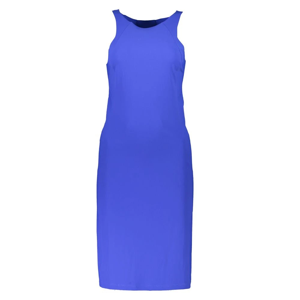 Patrizia Pepe Damen Blau Elegantes Kleid Mit Rundhalsausschnitt Und Logodetail