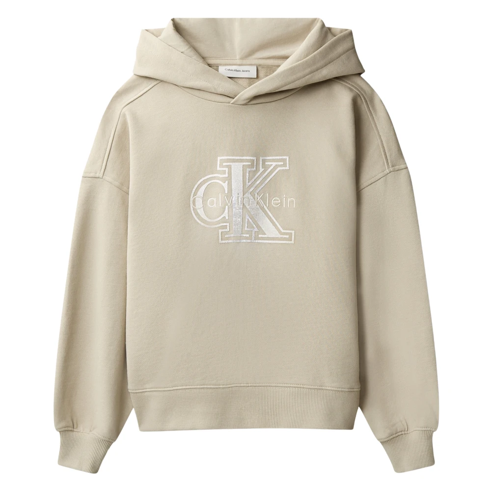 Calvin Klein Girls Beige Velvet Monologo Hoodie - Kids Sweatshirts - 16 Y - Kids