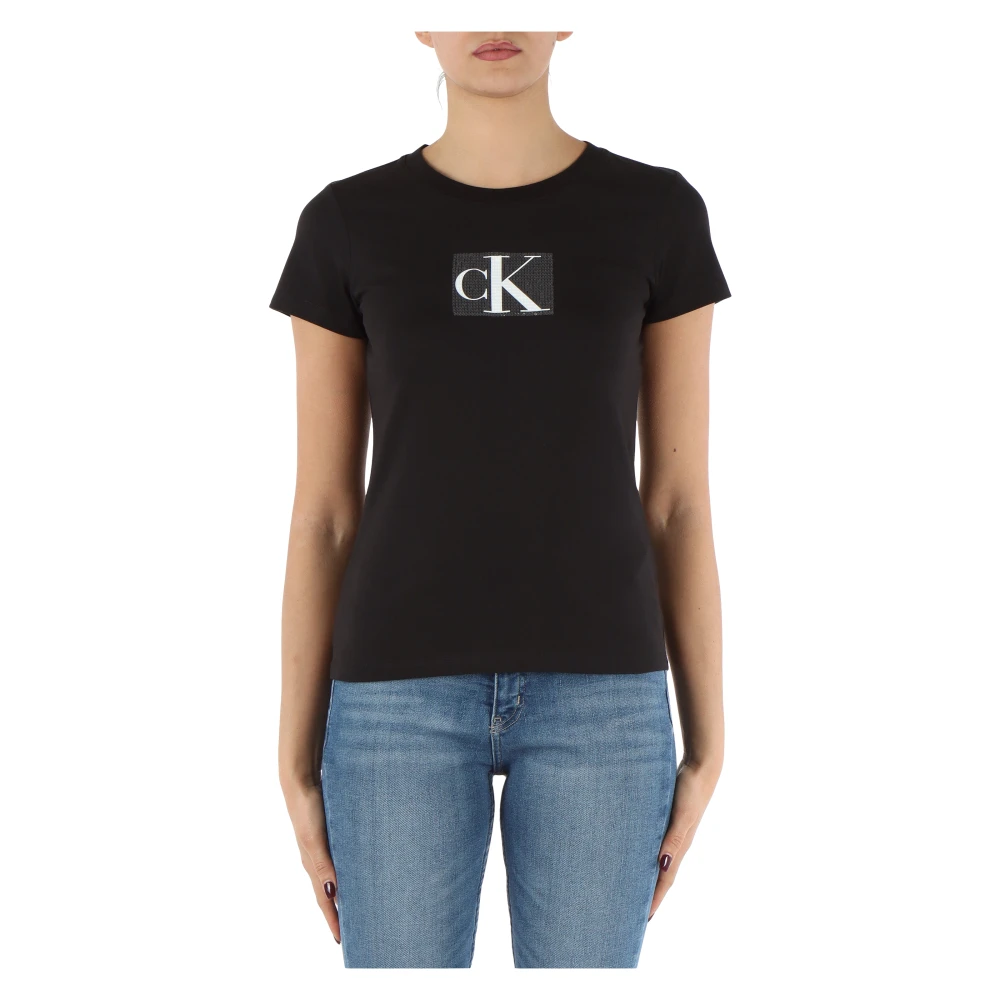 Calvin Klein Jeans Katoenen Logo Paillet T-shirt Black Dames