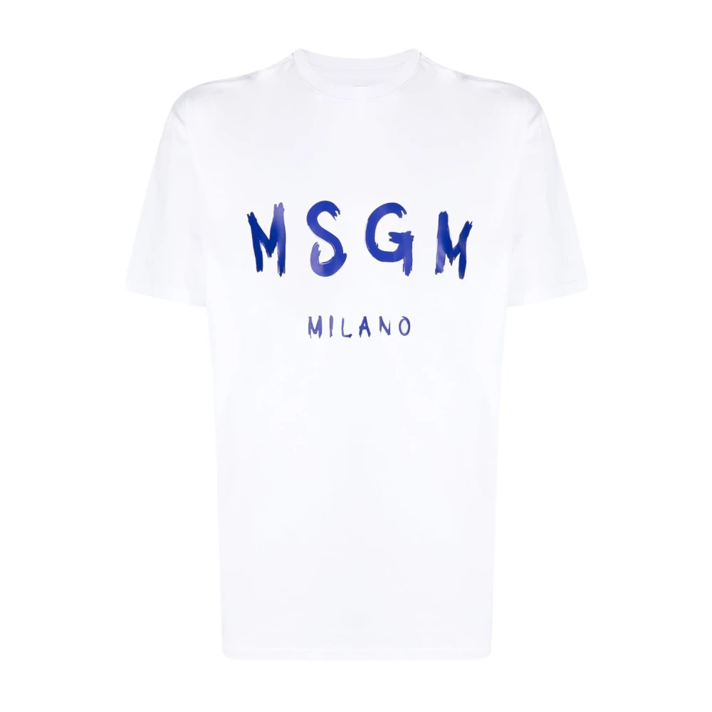 Msgm Wit Logo Print Katoenen T-Shirt White Heren