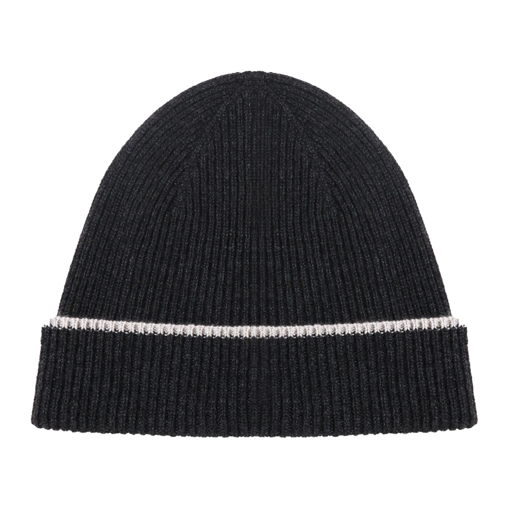 Eleventy Kashmir Beanie Mössa Svart Sand Ribbad Black, Herr