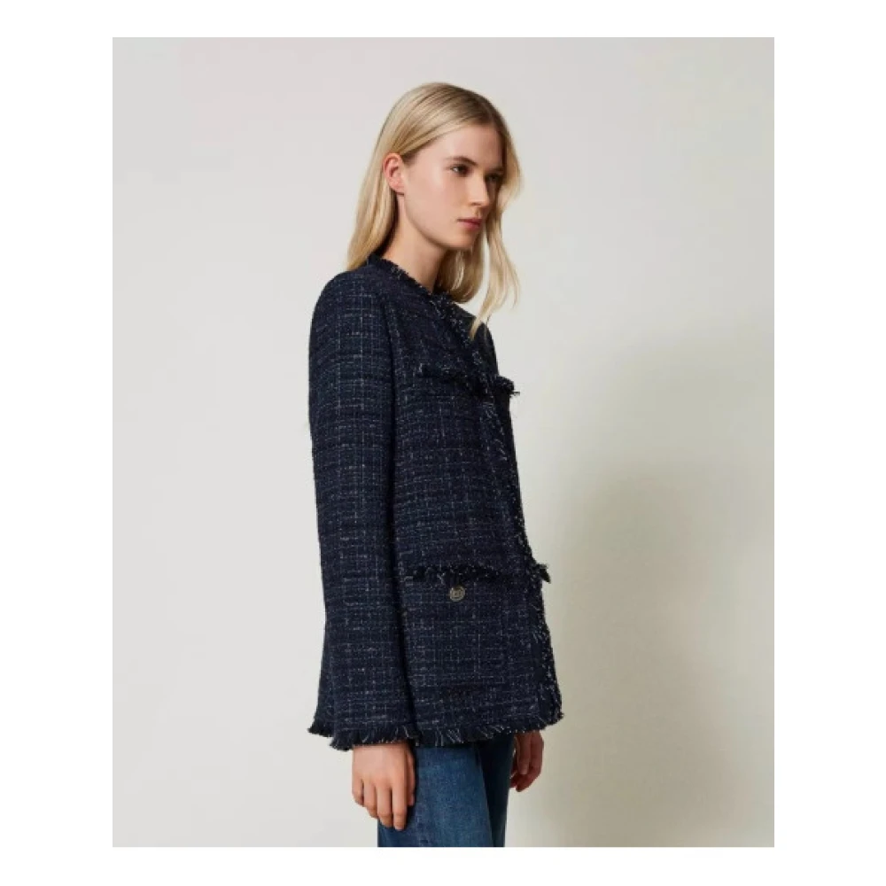 Twinset Gevlochten Stofjas met Franje Afwerking Blue Dames