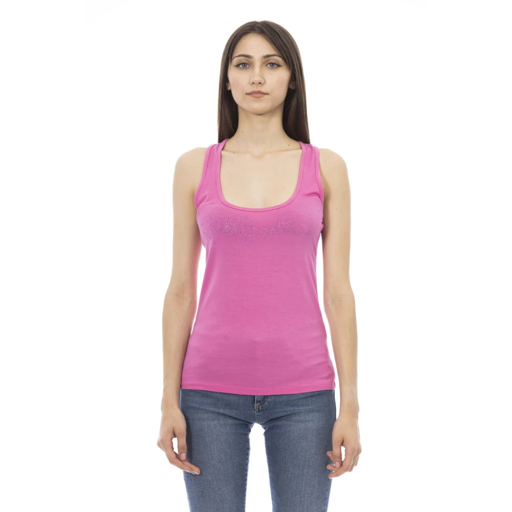 Just Cavalli Strass Logo Lange Ronde Hals Tank Top Pink Dames
