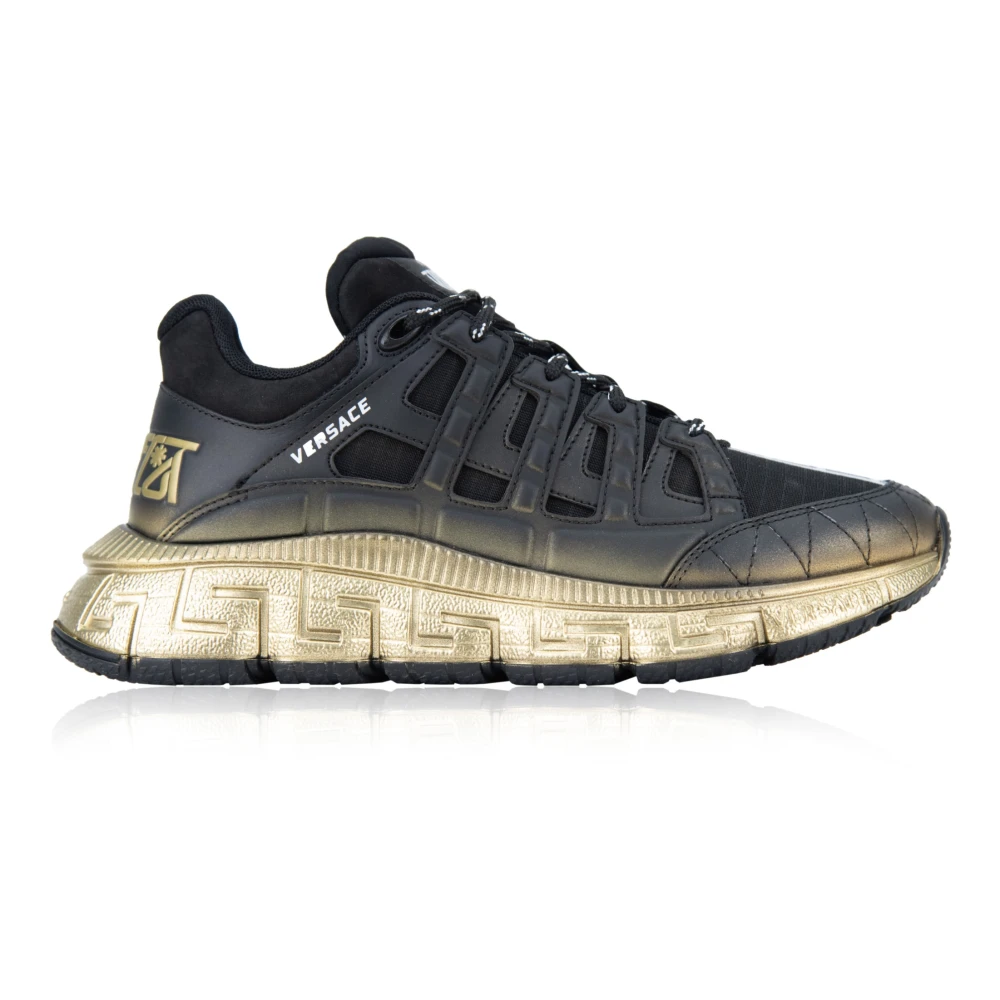 Versace Men's Black Greek Motif Leather Trainers Lace-Up Size 4