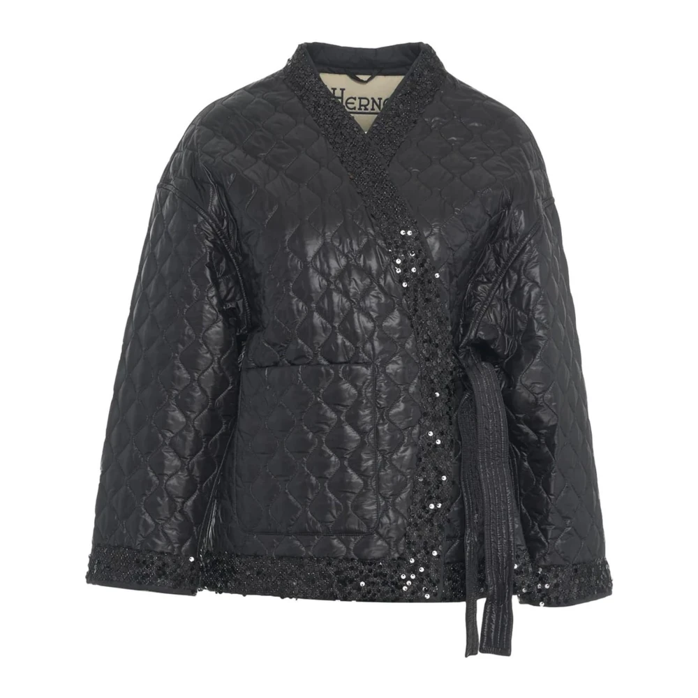 Herno Zwarte Gewatteerde Paillet Kimono Jas Black Dames