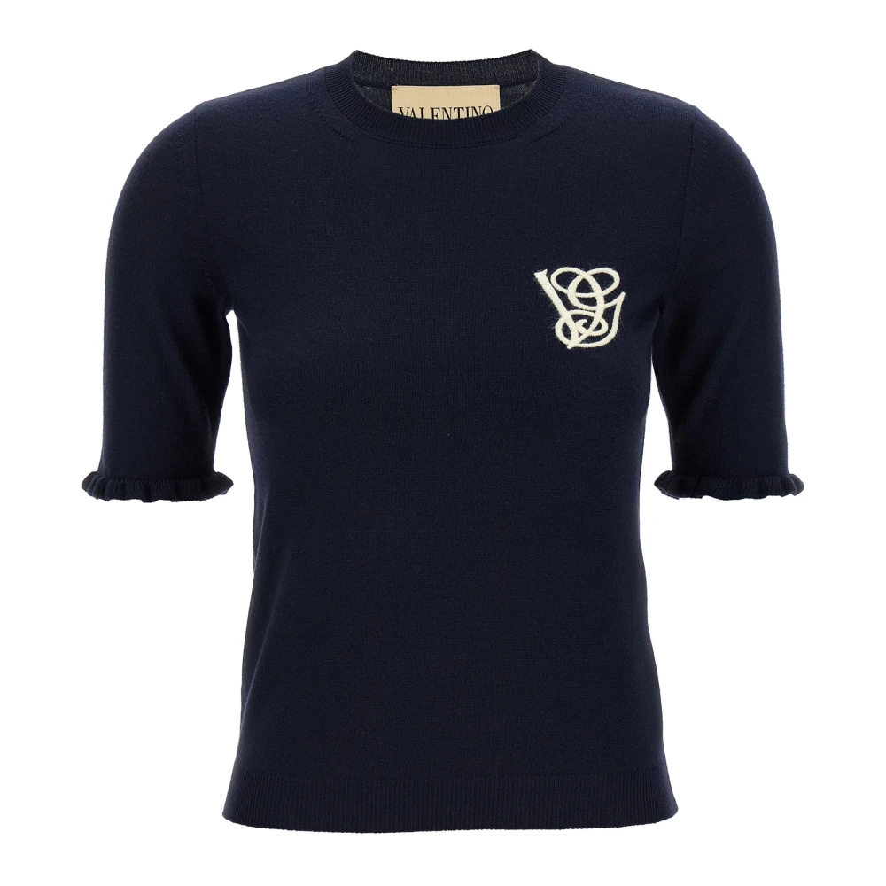 Valentino Garavani Women's Blue Embroidered Wool Top - T-Shirts - M - Tops
