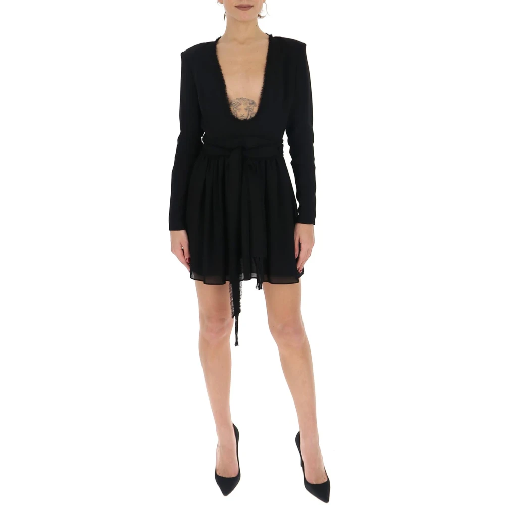 Saint Laurent Zwarte zijdeblend diepe V-hals jurk Black Dames