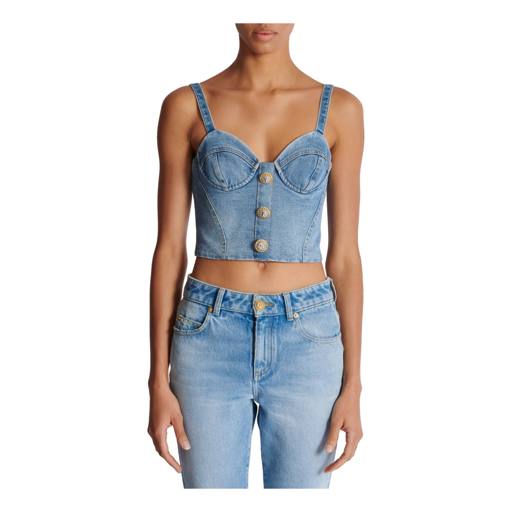 Balmain Denim Top met Dunne Bandjes Blue Dames