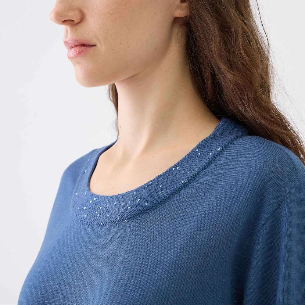 Le Tricot Perugia Wollen Paillet Ronde Hals Trui Blue Dames
