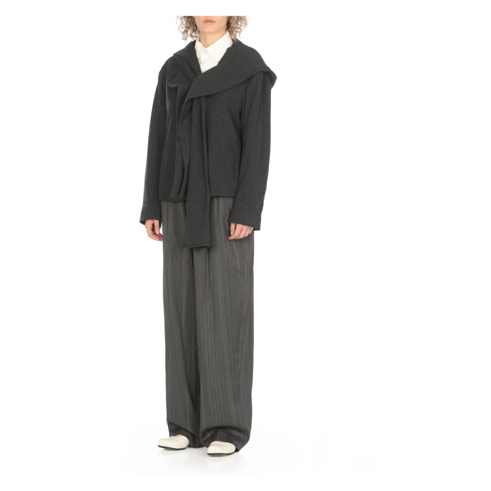 Y-3 Grijze wollen jas met capuchon en ruche Gray Dames