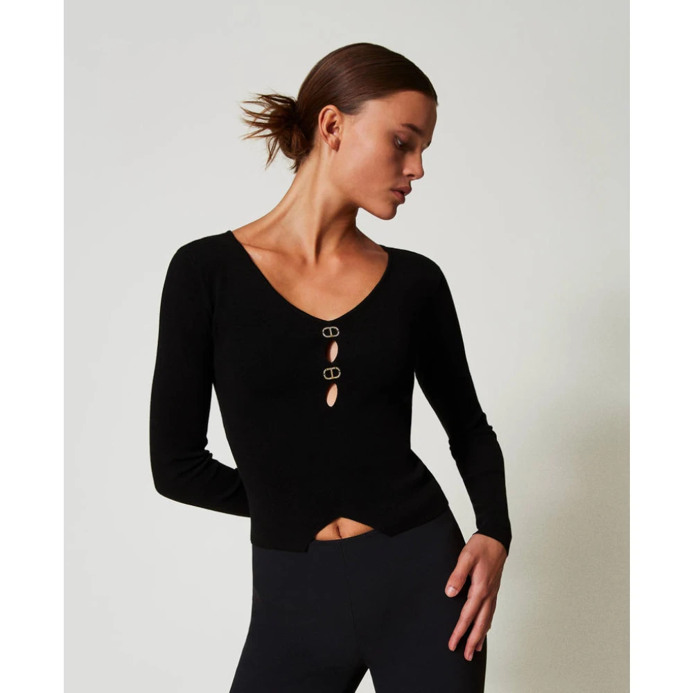Twinset Omkeerbare zwarte truien met ovale T-metalen platen Black Dames