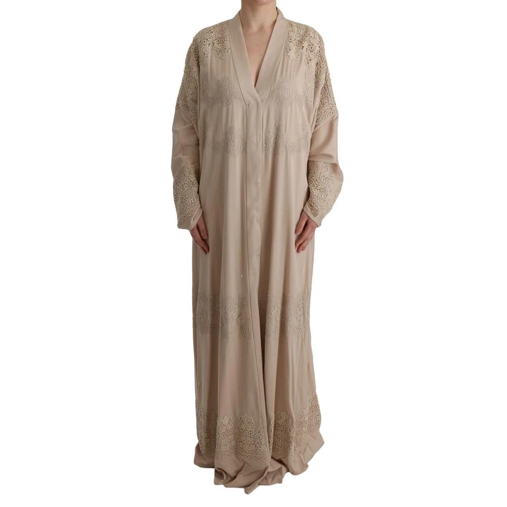 Dolce & Gabbana Beige Maxi Dresses, Female, 2XL, Elegant Long Sleeves Abaya Dress With Lace Detailing And V-Neck
