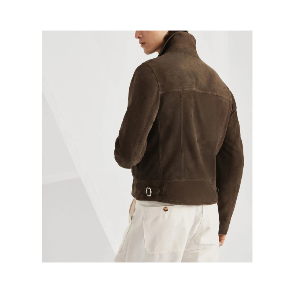 BRUNELLO CUCINELLI Bruin Leren Jas Met Ritszakken Brown Heren
