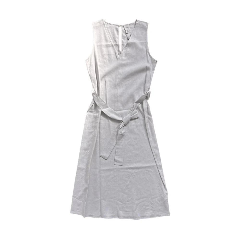 Calvin Klein Women's White Midi Dresses, L, Linen Blend V-Neck Sleeveless Belted Dress